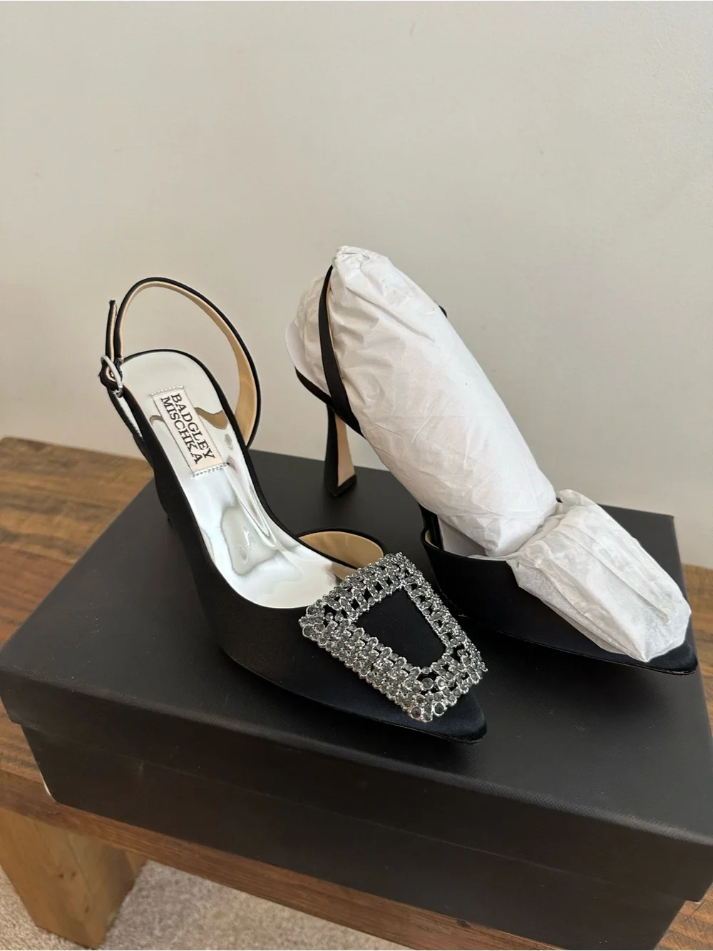 Badgley Mischka Black Satin Slingback Heels with Crystal Buckle - Picture 1 of 5